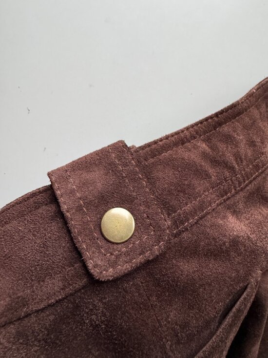 Vintage 00's DANIER Brown 100% Leather Suede Western A-Line Mini Skirt, Size 6 - Picture 8 of 15